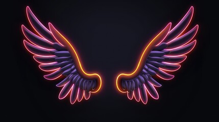 Wall Mural - neon christmas wings,vibrant led light outline frame on dark background