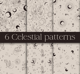 Mystic celestial seamless pattern set - magic flowers, moon and stars in monochrome, esoteric vector reapiting motives on background for wrapping, textile