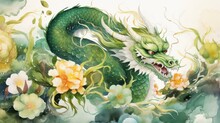 A Watercolor Painting For Happy Chinese New Year Powerful Green Dragon Scary And Awe-inspiring. Chinese Watercolor Painting Art. Chinese New Year Concept. New Year Greeting Card Background.