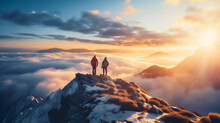 Aerial View Photography Of Two People Hiking, Standing On Top Of Snowy And Rocky Mountain, Looking At Beautiful Horizon View Of A Sunrise, Under The Sky