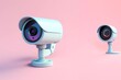 © KBL Sungkid - 3d rendering illustration, security camera monitoring technology IP camera system, on minimalist background. generative ai