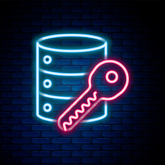 Sticker - Glowing neon line Server security with key icon isolated on brick wall background. Security, safety, protection concept. Colorful outline concept. Vector