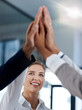 © N Hiraman/peopleimages.com - Happy woman, success or hands of business people high five in celebration of goals, mission or teamwork. Partnership, smile or excited workers in office for motivation, solidarity or winning a deal