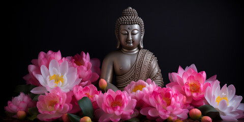 Wall Mural - buddha statue meditate with flowers lotus on dark background. banner vesak day