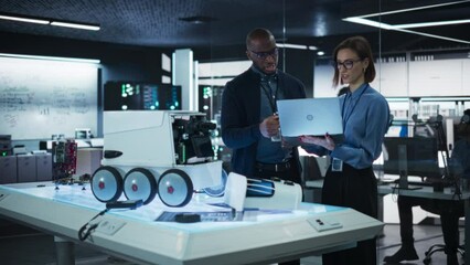 Fototapete - Two Diverse Engineers Developing a Remotely Controlled Mobility Robot in an Industrial Research Facility. Black Male Specialist Pitching his Ideas and Advising his Colleague Using Laptop Computer