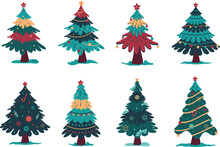 Decorative Hand Drawn Christmas Tree Collection For Greeting, Invitation, Banner And Poster