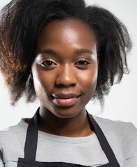 Poster - Black african woman face closeup portrait isolated on white background, wearing apron, shop, store employee, staff concept