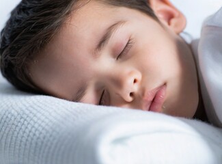 Sticker - Child sleep on bed, face on pillow closeup