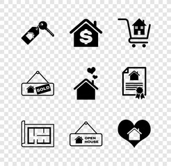 Poster - Set House with key, dollar, Shopping cart house, plan, Hanging sign Open, heart shape, Sold and icon. Vector