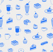 Seamless pattern of desserts and cups of coffee. Line art, retro. Vector pattern for bars, cafes, and restaurants.