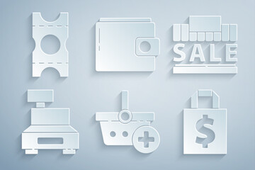 Sticker - Set Add to Shopping basket, building and sale, Cash register machine, Shoping bag dollar, Wallet and Coupon icon. Vector