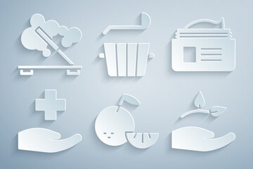 Poster - Set Citrus fruit, Ointment cream tube, Cross hospital medical, Leaf hand, Sauna bucket ladle and Scented spa stick icon. Vector