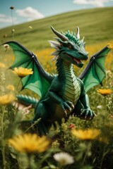 Naklejka na meble A smiling joyful green dragon is playing in a flower field. The year 2024 is the concept.