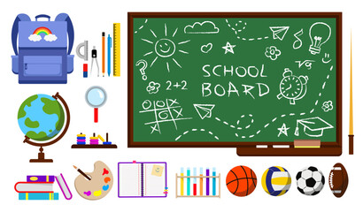 Set of School supplies. Education and study. Colorful stickers or icons with books, globe, notebook, pencil, backpack. Back to school. Cartoon flat vector illustrations isolated on white background