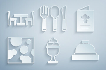 Sticker - Set Ice cream in bowl, Cookbook, Cheese, Hotel service bell, Fork, spoon and knife and Wooden table with chair icon. Vector