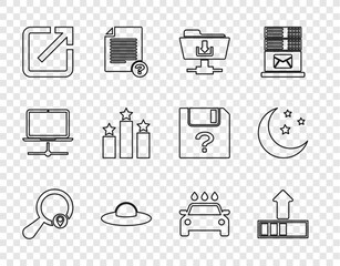 Sticker - Set line Search location, Loading, FTP folder download, UFO flying spaceship, Open new window, Ranking star, Car wash and Moon and stars icon. Vector