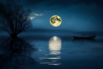 Canvas Print - halloween night background over the sea ,image of moon in the river