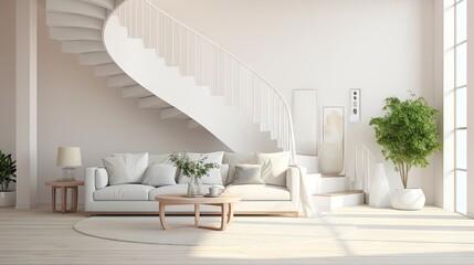 Wall Mural -  a living room with a white couch and a spiral stair case in the corner of the room with a potted plant in the corner of the room.