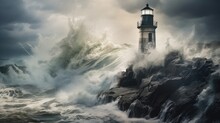  A Lighthouse Sitting On Top Of A Rocky Cliff In The Middle Of The Ocean With A Huge Wave Crashing Over It.