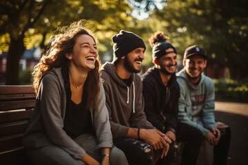 Wall Mural - Happy smiling group of friends sitting in park, friends are smiling and laughing while sitting on park