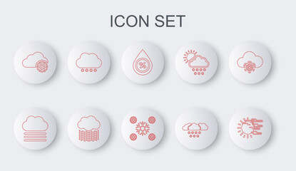 Sticker - Set line Fog and sun, cloud, Water drop percentage, Cloud with snow, rain and Snow icon. Vector