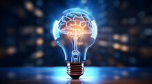 Creative Idea Concept With Light Bulb And Blue Shiny Brain