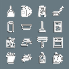 Wall Mural - Set line Dishwashing liquid bottle and plate, Cleaning service for windows, Wet floor cleaning progress, Plastic basin, Paper towel roll, Dustpan and Rubber plunger icon. Vector