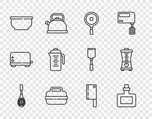 Canvas Print - Set line Kitchen whisk, Sauce bottle, Frying pan, Cooking pot, Bowl, Teapot, Meat chopper and Blender icon. Vector