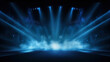 Illuminated stage with scenic lights and smoke. Blue vector spotlight with smoke volume light effect on black background. Stadium cloudiness projector, background for design. Stage light at a concert 
