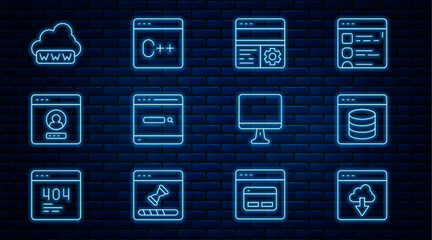 Set line Cloud technology data transfer, Server, Data, Web Hosting, Debugging, Search engine, Create account screen, development, Computer monitor and Software icon. Vector