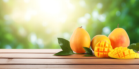 Nature's Bounty: Fresh Mangoes Adorning a Wooden Table with dark background ai generated




