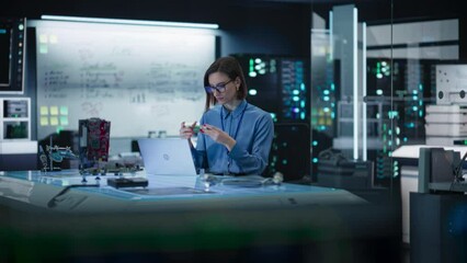 Aufkleber - Portrait of Female Specialist Using Laptop Computer to Improve Electronic Circuit Board in Modern Office. Professional Engineer Thinking and Typing Ideas for Artificial Intelligence Project
