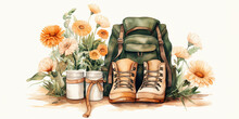 Walking Boots Or Hiking Boots And Backpack On White Background. Watercolour Illustration With Orange And Green Flower Blossom. Travel Post Card..
