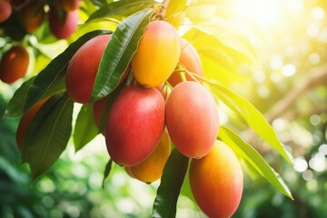 Ripe juicy mango fruits hanging on tree branch, sunlight. Close up of sweet tropical mango on tree, cultivation, farm, mango plantation