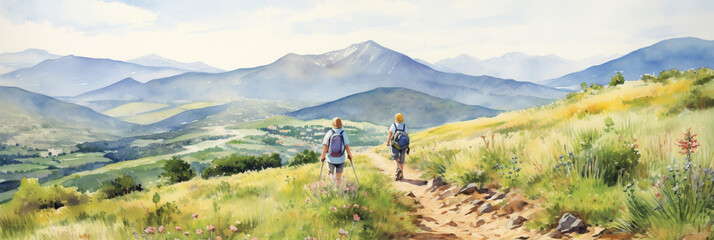 Happy Senior Couple Hiking with Trekking Sticks and Backpack at Mountain Forest Trail. Enjoying Calming Nature, Having a Good Time on Retirement. Nordic Walking. Watercolour Illustration.