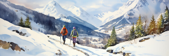 Wall Mural - Happy Senior Couple Hiking with Trekking Sticks and Backpack at Winter Mountain Trail in Snow. Enjoying Calming Nature, Having a Good Time on Retirement. Nordic Walking. Watercolour Illustration.