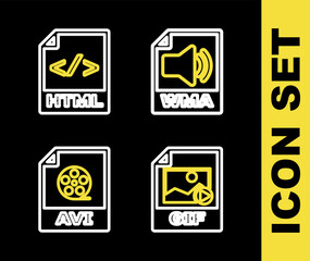 Sticker - Set line WMA file document, GIF, AVI and HTML icon. Vector