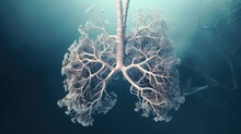 Inside Human Body. Unhealthy Bronchi Art, Illustration. Carcinoma Infection. Breathe Organ Lungs Concept. Covid 19 Pandemic Corona Virus. Asthma Bronchitis Disease. Health Care. Gray Trees