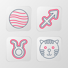 Sticker - Set line Tiger zodiac, Taurus, Sagittarius and Planet Jupiter icon. Vector