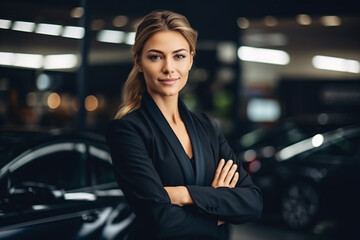 Wall Mural - Professional luxury car saleswoman in luxury showroom. Auto dealership office. Car dealer business. Smiling woman in showroom. Expensive car. Automotive industry. Luxury car agent.