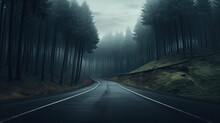 Road In The Mountains With Fog,road Trip, Dark Forest Road, Beautiful Mountain Curved Roadway, Trees With Green Foliage In Fog And Overcast Sky. Landscape With Empty Asphalt Road Through Woods 