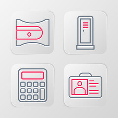 Sticker - Set line Identification badge, Calculator, Locker changing room and Pencil sharpener icon. Vector