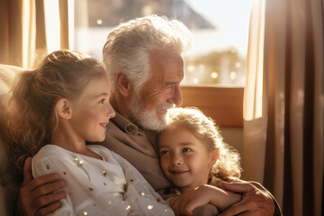 Wall Mural - Meeting of grandfather and grandchildren. An elderly man and his grandchildren are happy together. They hug and rejoice at meeting each other. Caring for the elderly. Children visit old people.