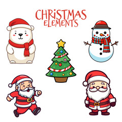 Wall Mural - Flat Design Christmas Element Collection for Kids: Charming Santa Claus, Polar Bear, Snowman, and Christmas Tree - Transparent Background