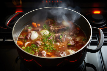 Wall Mural - Beef stew of meat and vegetables cooking in the pot on the stove