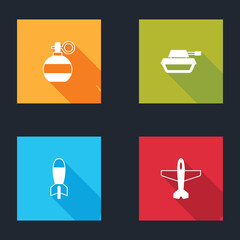 Poster - Set Hand grenade, Military tank, Rocket launcher and Plane icon. Vector