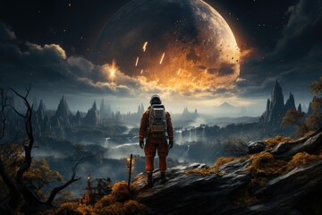 Wall Mural - astronaut in a space suit in outer space. Fantasy illustration