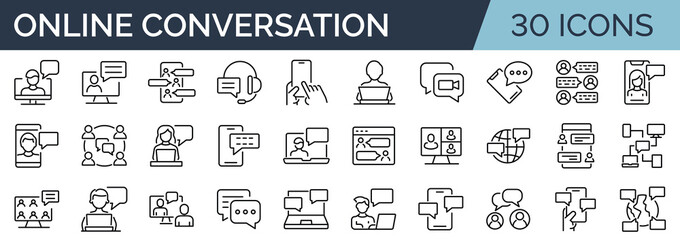 set of 30 outline icons related to online conversation. linear icon collection. editable stroke. vec