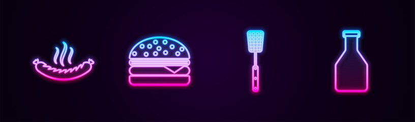 Wall Mural - Set line Sausage, Burger, Barbecue spatula and Ketchup bottle. Glowing neon icon. Vector