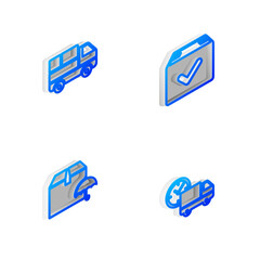 Sticker - Set Isometric line Package box with check mark, Delivery truck boxes, package umbrella and and clock icon. Vector